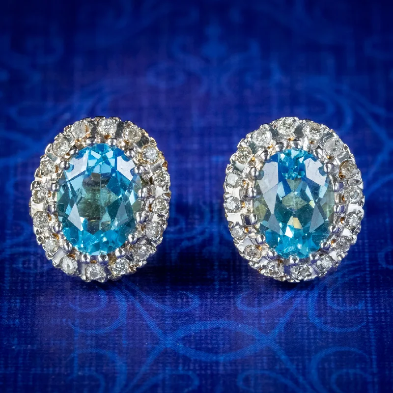 Ladies earrings for musician vibes -Victorian Style Blue Topaz Diamond Stud Earrings 9ct Gold