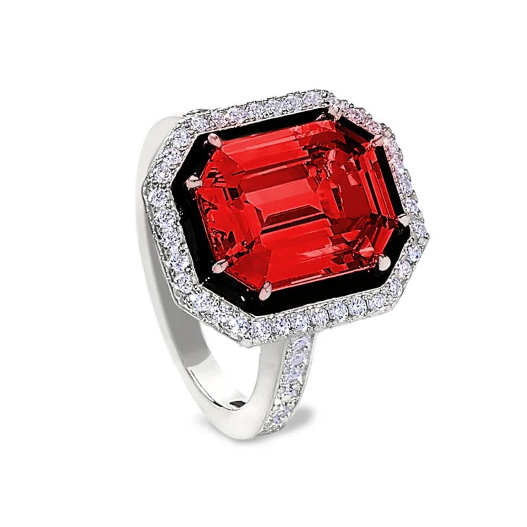 Ladies rings for grad vibes -Platinum Finish Sterling Silver Micropave Black Enamel & Simulated Ruby Octagon Ring with Simulated Diamonds - Size 6