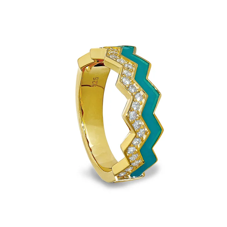 Ladies rings for digital elegance -Gold Vermeil Sterling Silver Micropave Ring with with Turquoise Enamel and Simulated Diamondss