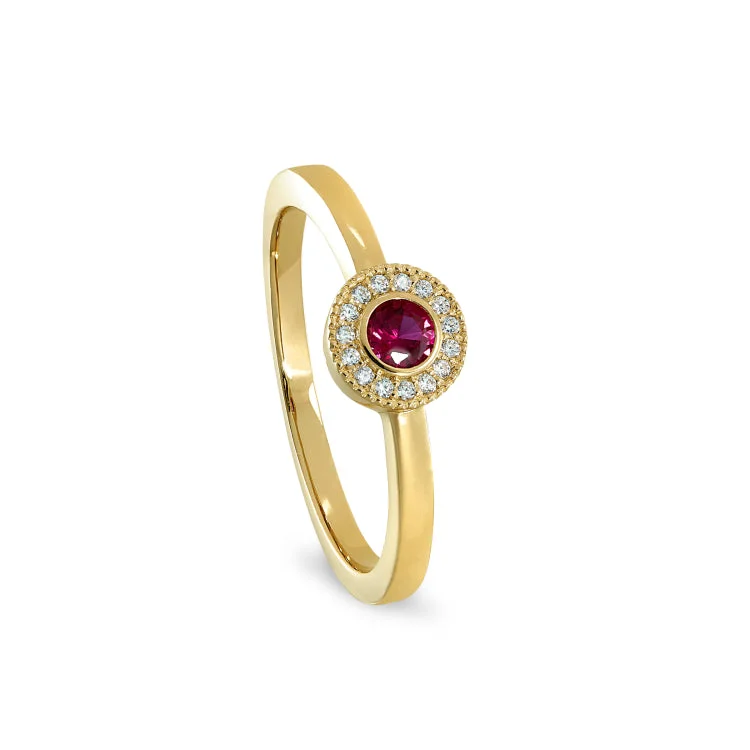 Ladies rings for summit vibes -Gold Finish Sterling Silver Micropave Round Simulated Ruby Ring with Simulated Diamonds Size 7