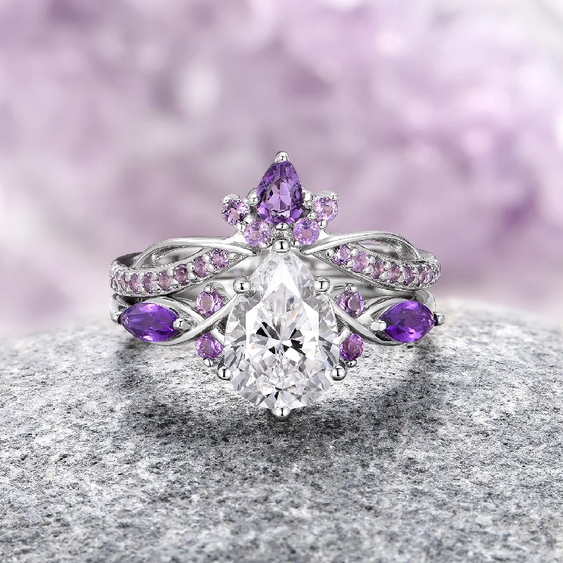 Ladies wedding rings for partner promises -Feyre Natural Amethyst & Diamond (cz) Engagement Ring Set- Sterling Silver