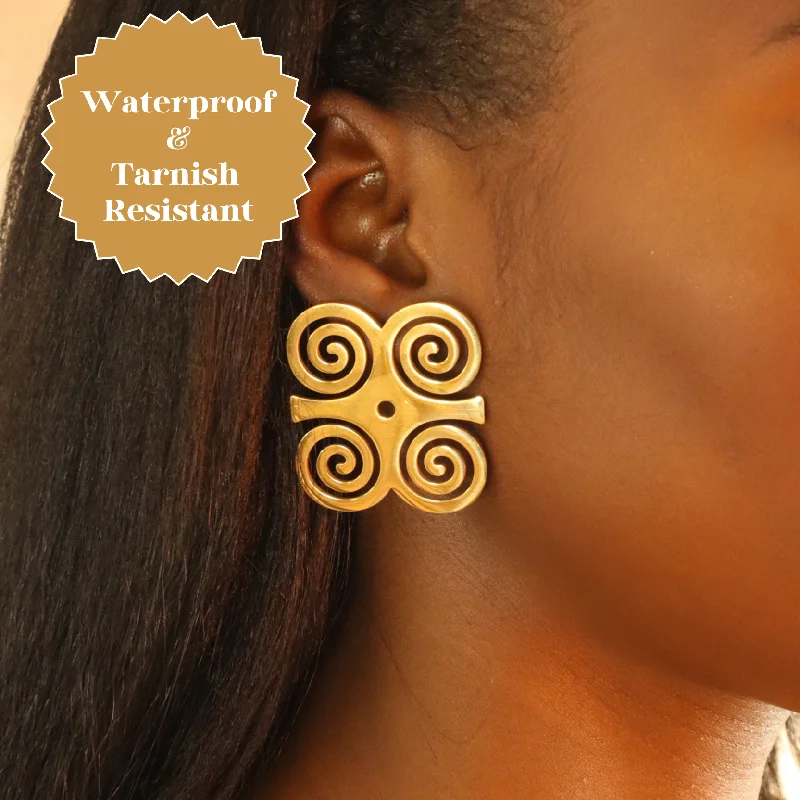 Ladies earrings modern charm -Adinkra 18ct gold plated stainless steel tarnish resistant earrings