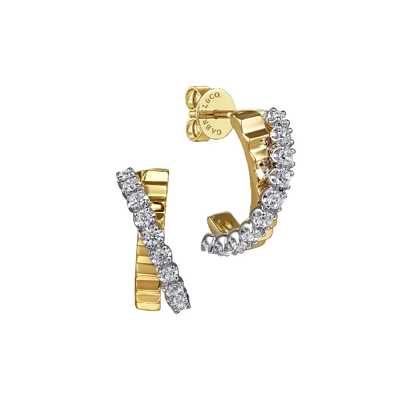 Ladies earrings with talon drops -Two-Tone "J" Hoop Diamond Earrings in Two-Tone Gold by Gabriel & Co.