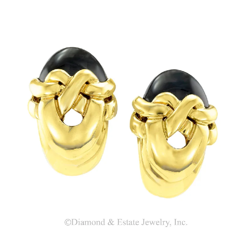 Ladies earrings with dusk elegance -Onyx Yellow Gold Clip-on Earrings