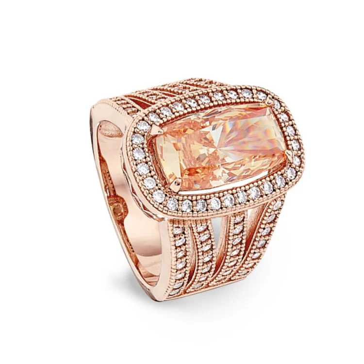 Ladies rings for class elegance -Rose Gold Finish Sterling Silver Micropave Ring with Light Champagne Colored Stone and Simulated Diamonds