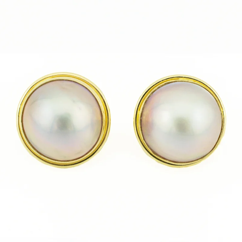 Ladies earrings etched shine -16.5mm Mabe Pearl Solitaire Earrings in 14K Yellow Gold