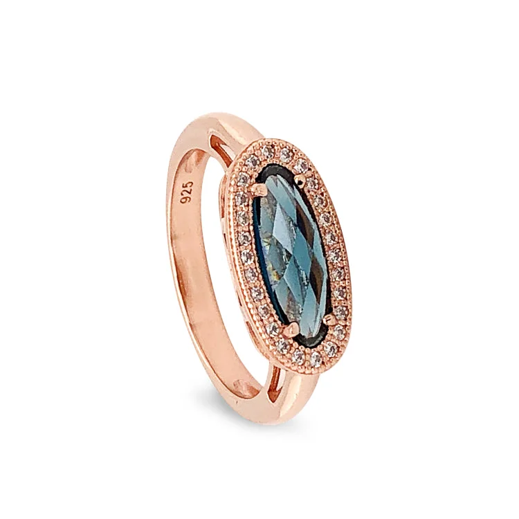 Ladies rings arched shine -Rose Gold Finish Sterling Silver Micropave Oblong Ring with Simulated London Blue Topaz and Simulated Diamonds