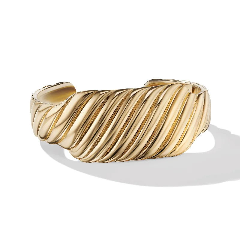 ladies-flower-hinged-bangle-bracelets-Sculpted Cable Contour Cuff Bracelet in 18K Yellow Gold