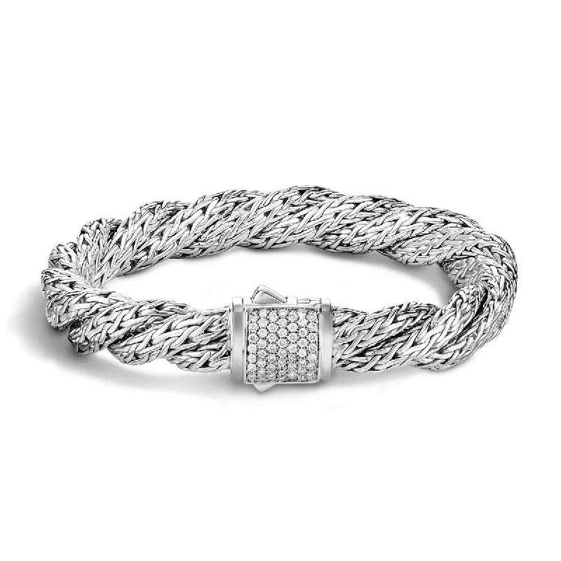 ladies-wedding-wraparound-bracelets-Twist Chain Silver Diamond Pave Medium Flat Bracelet