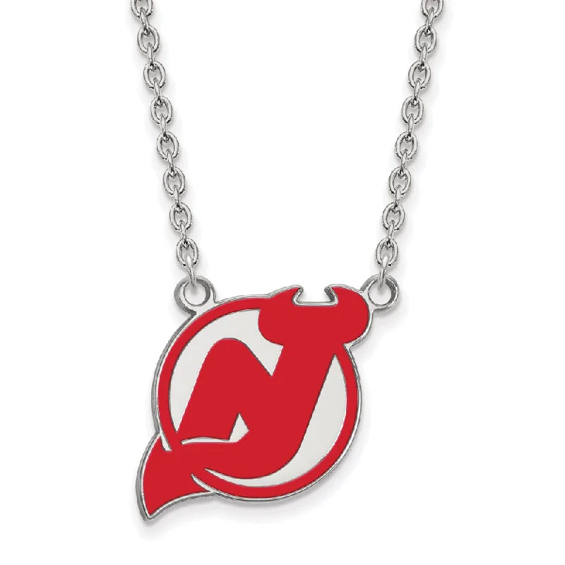 ladies-silver-curb-chain-necklaces-Sterling Silver NHL Devils LG Enamel Necklace, 18 Inch