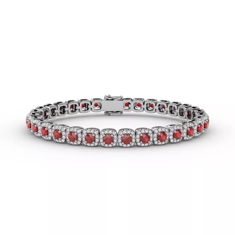 ladies-trendy-silver-bracelets-FANA Classic Cushion Cut Ruby and Diamond Bracelet B1490R