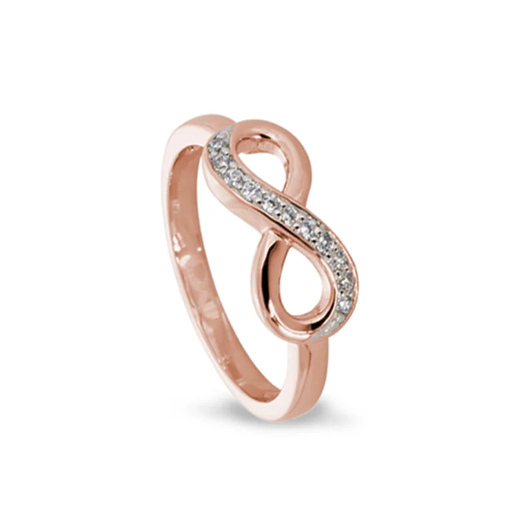 Ladies rings with feather designs -Rose Gold Finish Sterling Silver Micropave Infinity Ring with Simulated Diamonds