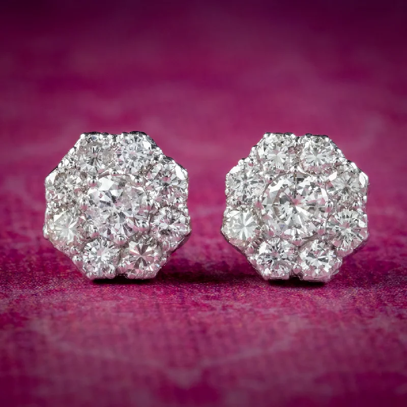 Ladies earrings with subtle carvings -Edwardian Style Diamond Daisy Cluster Stud Earrings 1.68ct Of Diamond