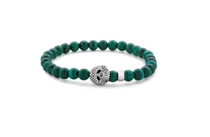 ladies-rigid-link-pearl-bracelets-Signature Caviar Anthem Malachite Skull Stretch Bracelet with Sterling Silver, Size 7