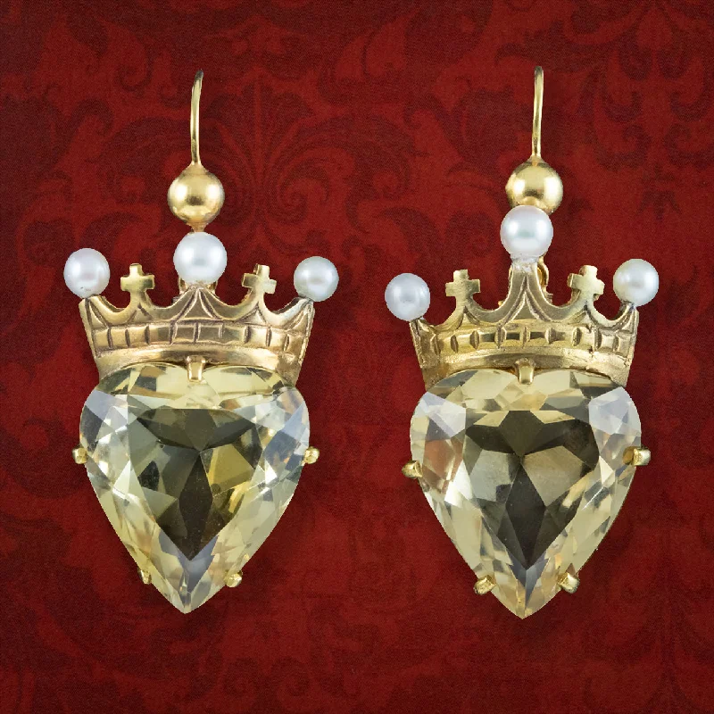 Ladies earrings for milestone birthdays -Antique Victorian Citrine Heart Pearl Crown Earrings 15ct Gold