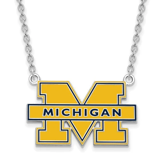 ladies-statement-beaded-choker-necklaces-Sterling Silver U of Michigan Large Blue Enameled 'M' Pendant Necklace