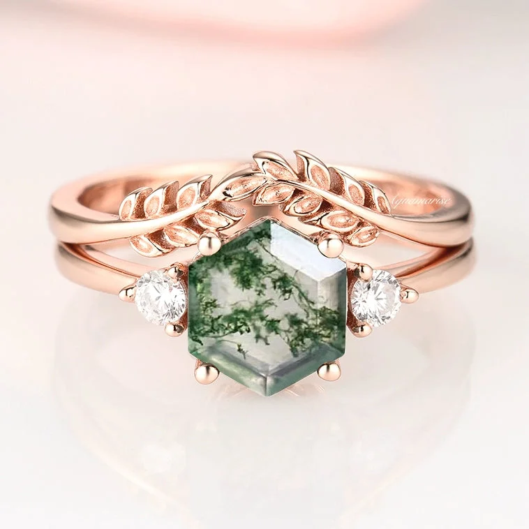 Ladies wedding rings with swim settings -Natural Hexagon Moss Agate Engagement Ring Set- 14K Rose Gold Vermeil