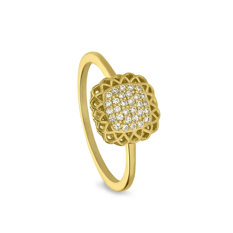 Ladies rings with flare shine -Gold Finish Sterling Silver Micropave Pillow with Filigree Edge Ring with Simulated Diamonds