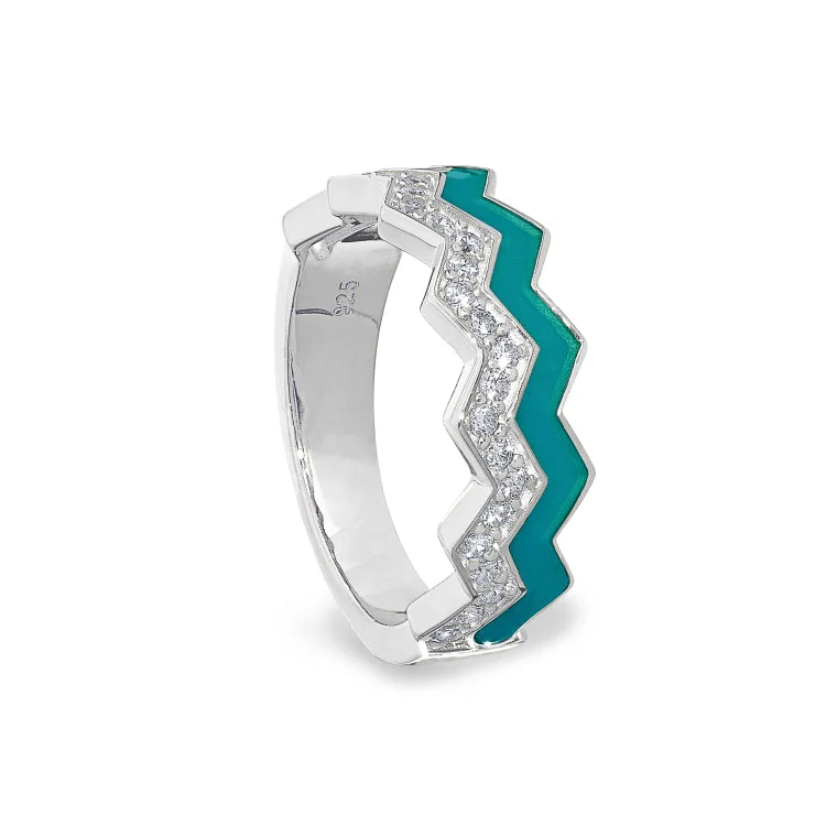 Ladies rings with initial designs -Platinum Finish Sterling Silver Micropave Ring with with Turquoise Enamel and Simulated Diamondss