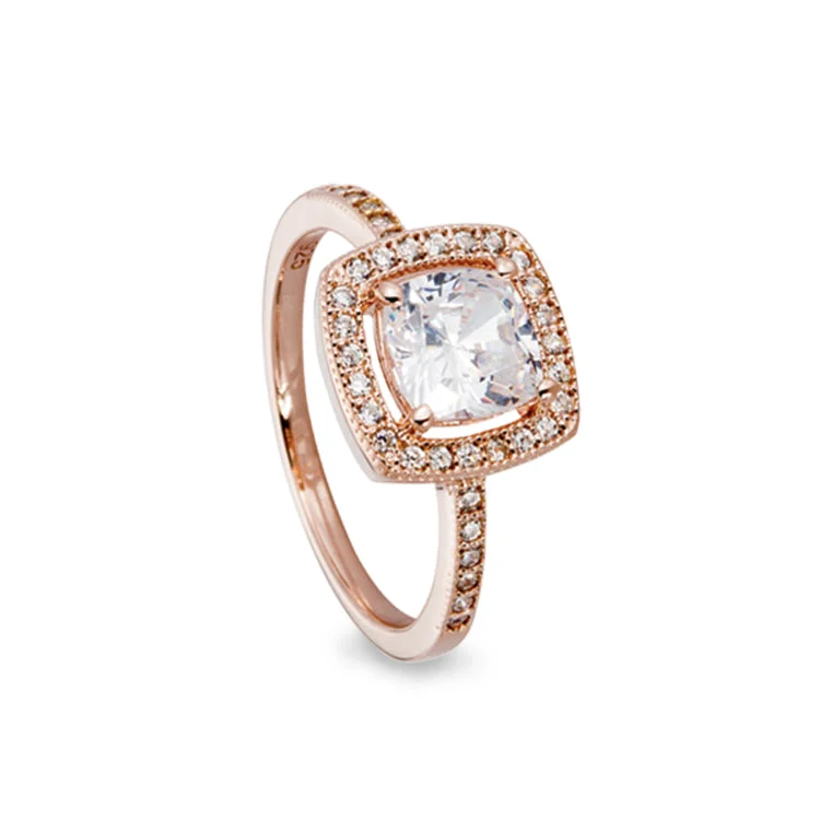 Ladies rings with petal shine -Rose Gold Finish Sterling Silver Micropave Cushion Cut Ring with 37 Simulated Diamonds