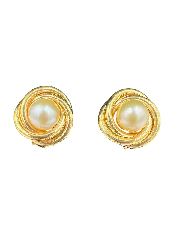 Ladies earrings for journey charm -Vintage Pearl Yellow Gold Knot Clip On Earrings