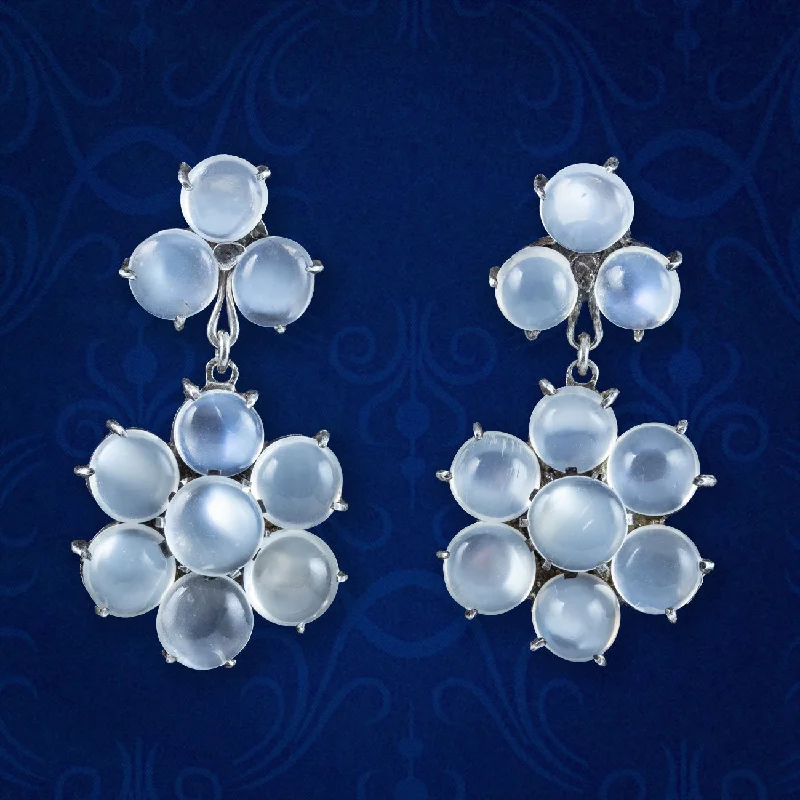 Ladies earrings bold elegance -Antique Victorian Moonstone Flower Drop Earrings Silver