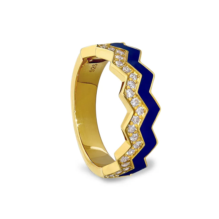 Ladies rings glowing shine -Gold Vermeil Sterling Silver Micropave Ring with with Navy Enamel and Simulated Diamondss