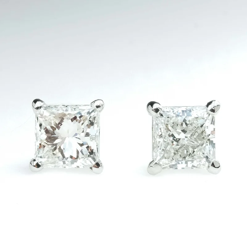 Ladies earrings for bold elegance -1.50ctw Princess Cut Diamond Solitaire Stud Earrings in 14K White Gold