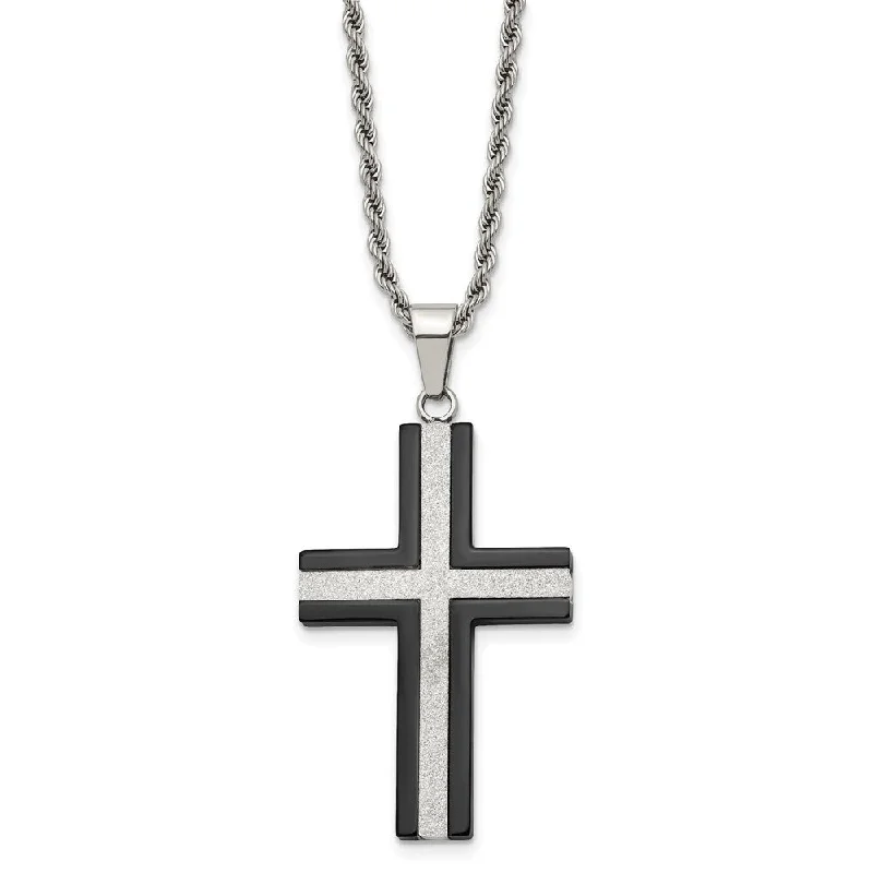 ladies-sterling-silver-bar-pendant-necklaces-Stainless Steel Polished Black Plated & Laser Cut Cross Necklace, 24in