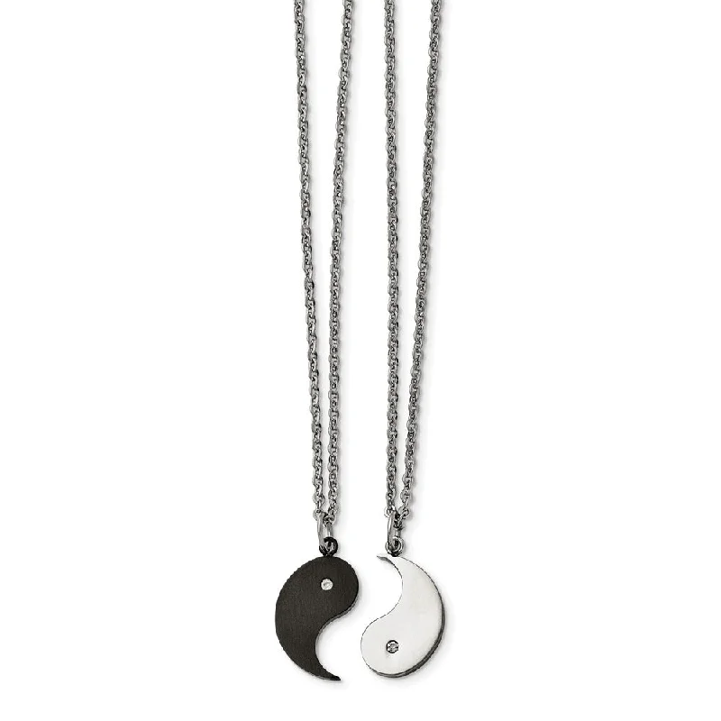 ladies-heart-figaro-chain-necklaces-Black Plated Stainless Steel Yin Yang Necklace Set w CZ, 20 Inch