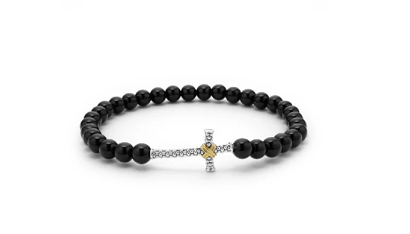 ladies-silver-rose-gold-bracelets-Anthem Cross Beaded Stretch Bracelet in Onyx, Sterling Silver and 18K Yellow Gold, Size 7