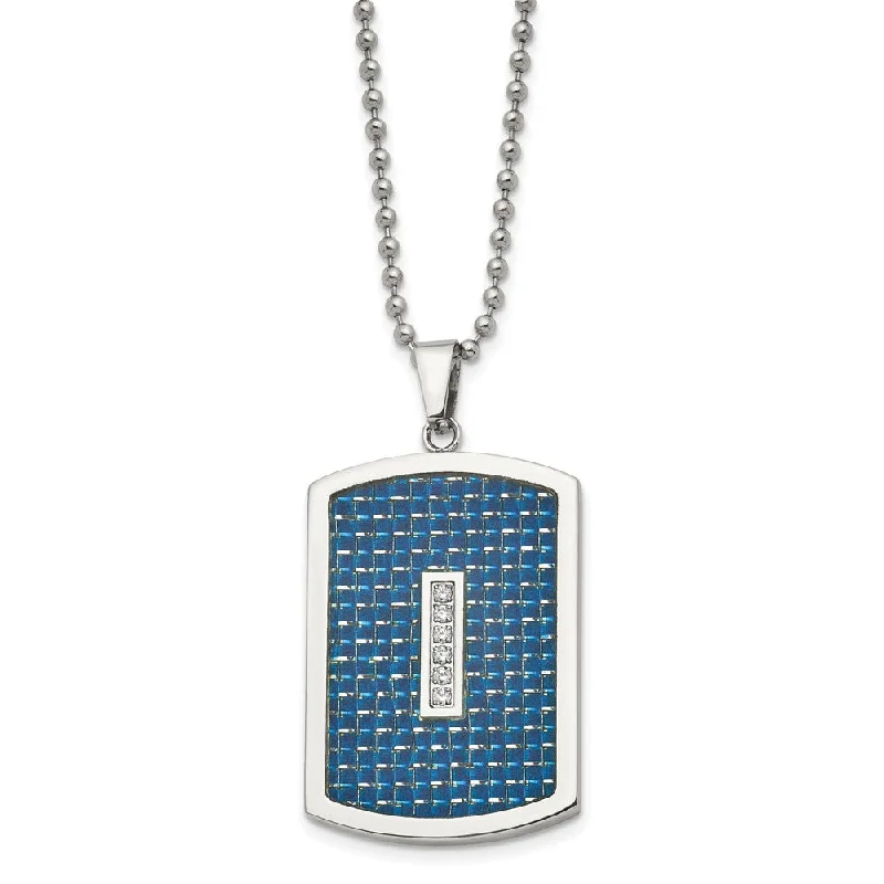 ladies-cross-multi-strand-necklaces-Mens Stainless Steel, CZ & Blue Carbon Fiber Dog Tag Necklace, 22 Inch