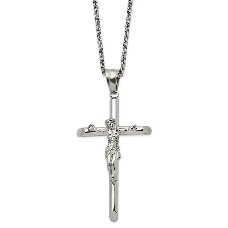 ladies-classic-multi-strand-necklaces-Stainless Steel Large Polished Crucifix Cross Necklace, 22 Inch