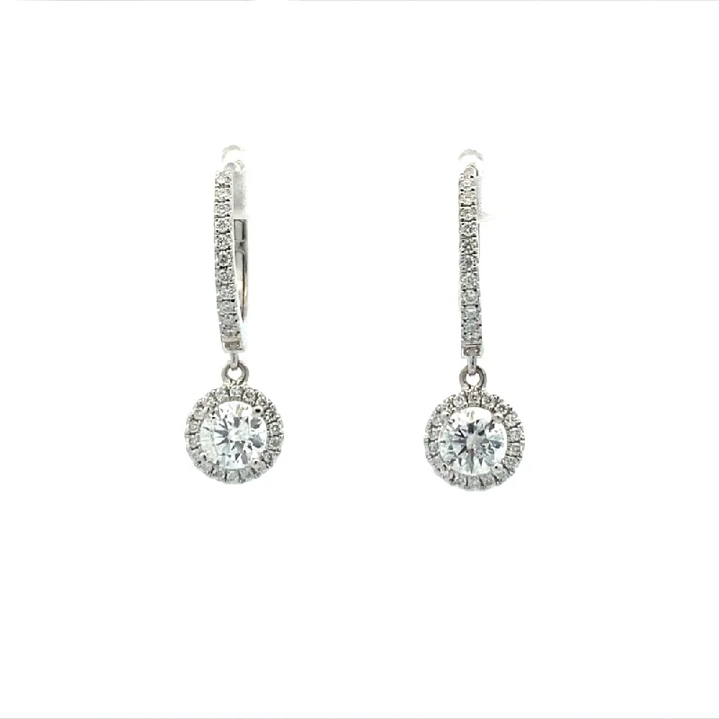 Ladies earrings for adventure charm -Diamond Halo Drop Earrings in White Gold