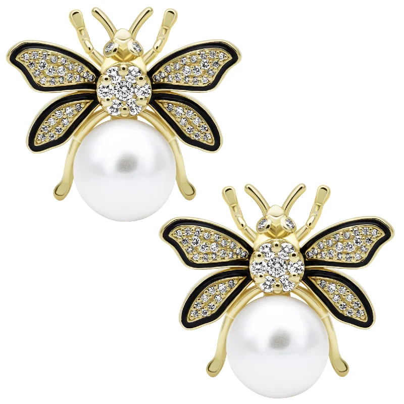 Ladies earrings with gate studs -Earrings - Freshwater Pearl, Diamond (Enamel)