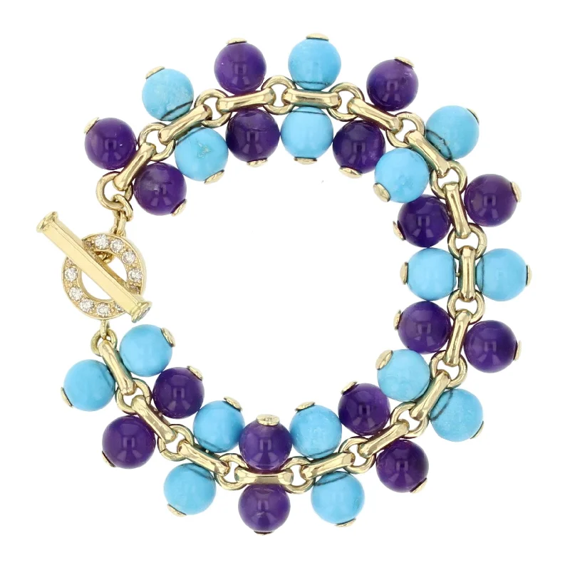 ladies-cross-multi-strand-bracelets-18KY 14 FULL-CUT=0.60CT 8 ROUND TURQUOISE/8 ROUND AMETHYST BEADS ROSARIA VARRA BRACELET