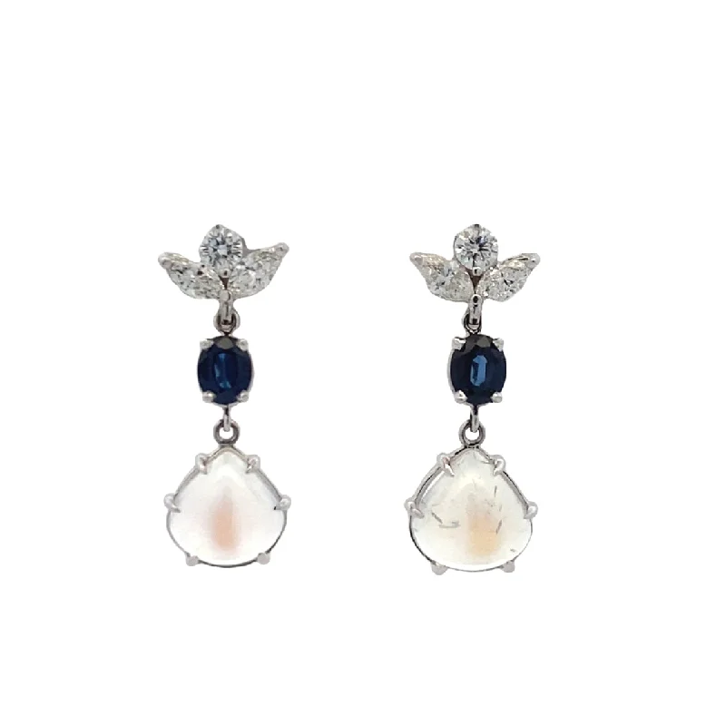 Ladies earrings for silver years -Moonstone, Sapphire and Diamond Drop Earrings in White Gold by B&C