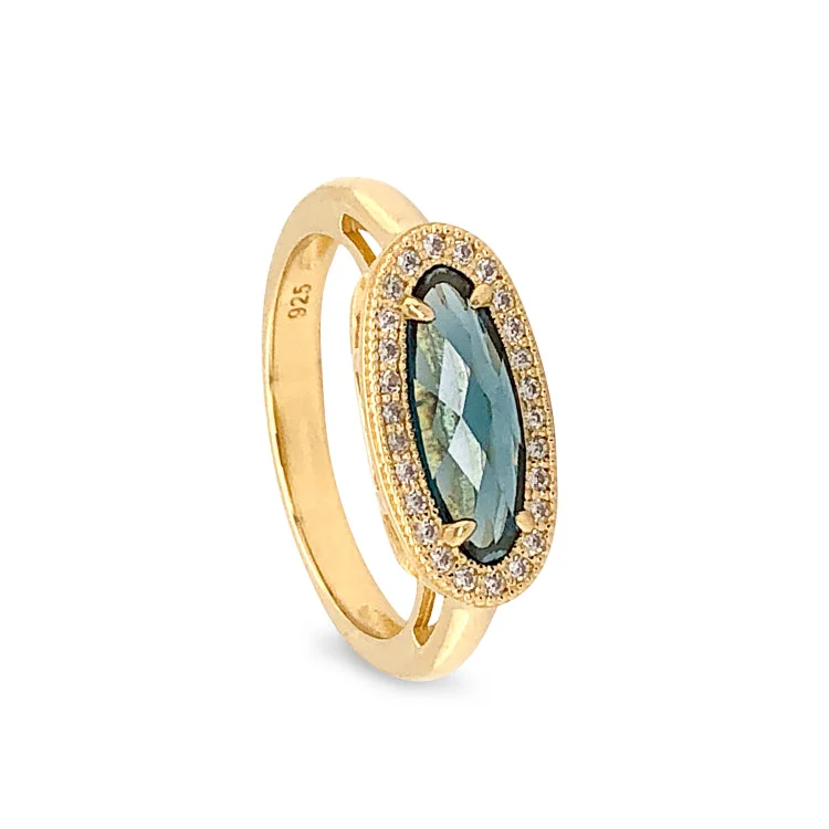 Ladies rings with scale shine -Gold Finish Sterling Silver Micropave Oblong Ring with Simulated London Blue Topaz and Simulated Diamonds