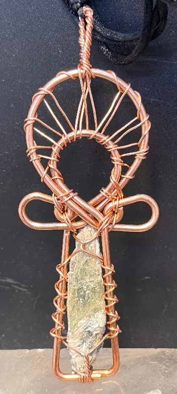 ladies-everyday-curb-chain-necklaces-Green Kyanite Copper Ankh Necklace Pendant