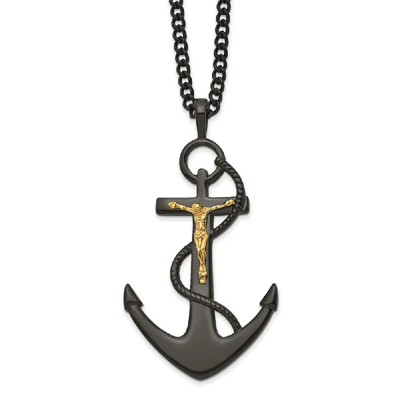 ladies-gemstone-figaro-chain-necklaces-Stainless Steel Black & Gold Tone Plated Crucifix Anchor Necklace 24in