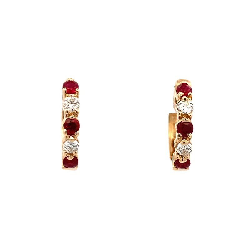 Ladies earrings for harvest vibes -Ruby and Diamond Hoop Earrings in Yellow Gold by Allison Kaufman