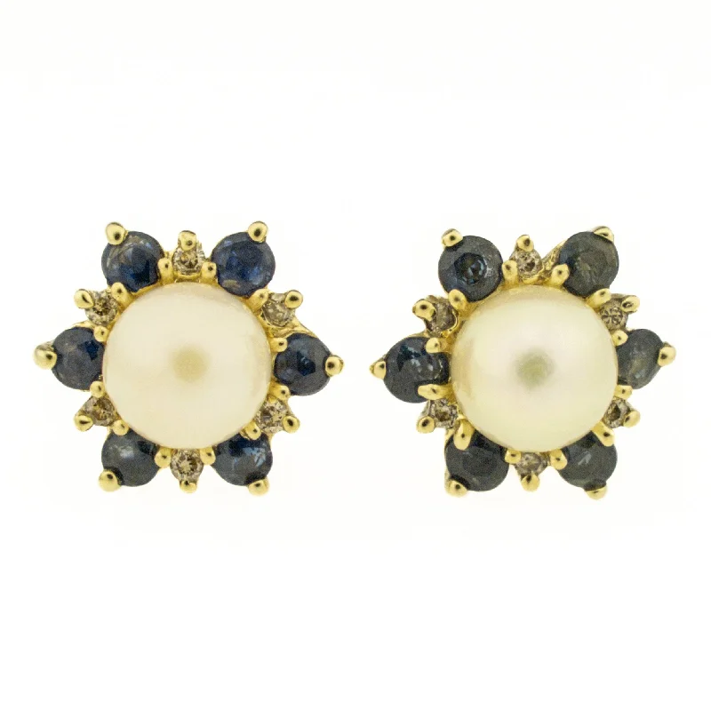 Ladies earrings stylish shine -6.7mm Pearl, Sapphire and Diamond Accented Gold Earrings in 10K Yellow Gold