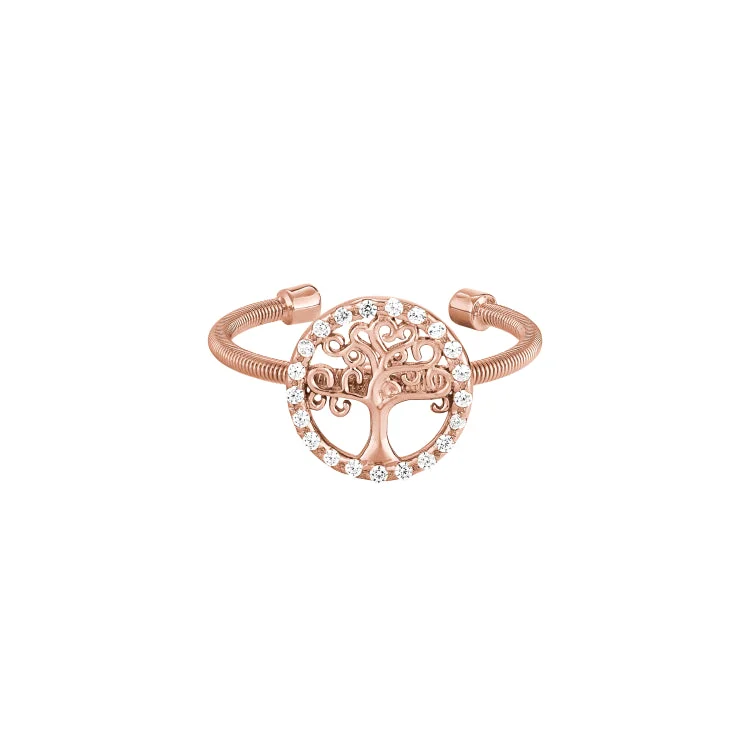 Ladies rings for hangout elegance -Rose Gold Finish Sterling Silver Cable Cuff Tree Ring with Simulated Diamonds