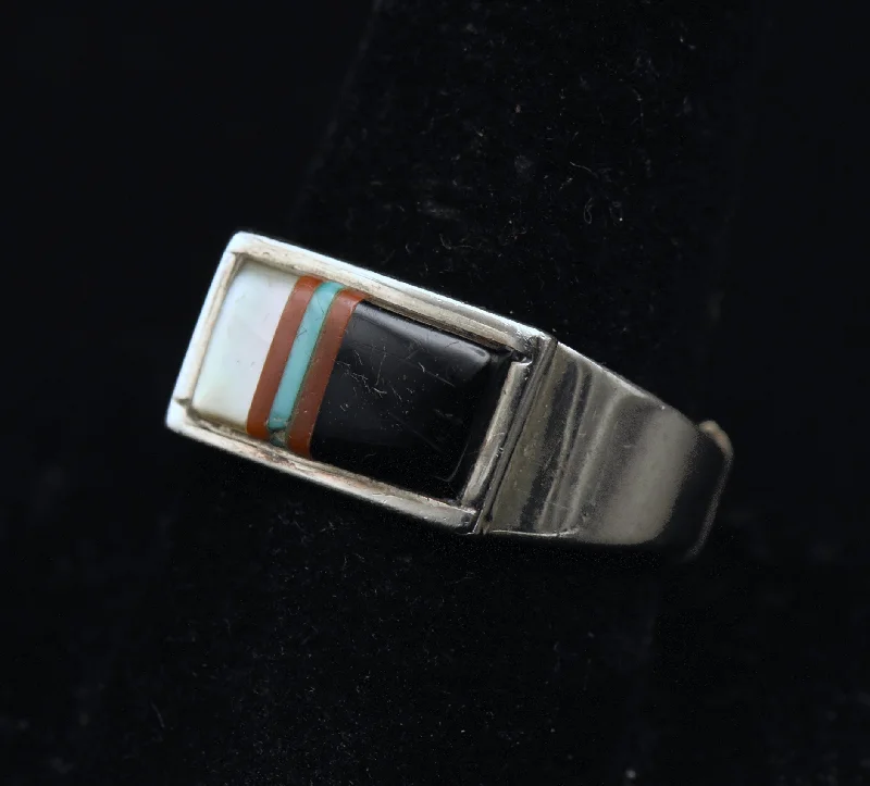 Ladies rings for hiking charm -Vintage Handmade Sterling Silver Inlaid Ring with Adjuster