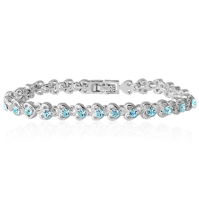 ladies-silver-pearl-bracelets-Mahi Rhodium Plated Tiny Blue Hearts Bracelet With Crystals For Women