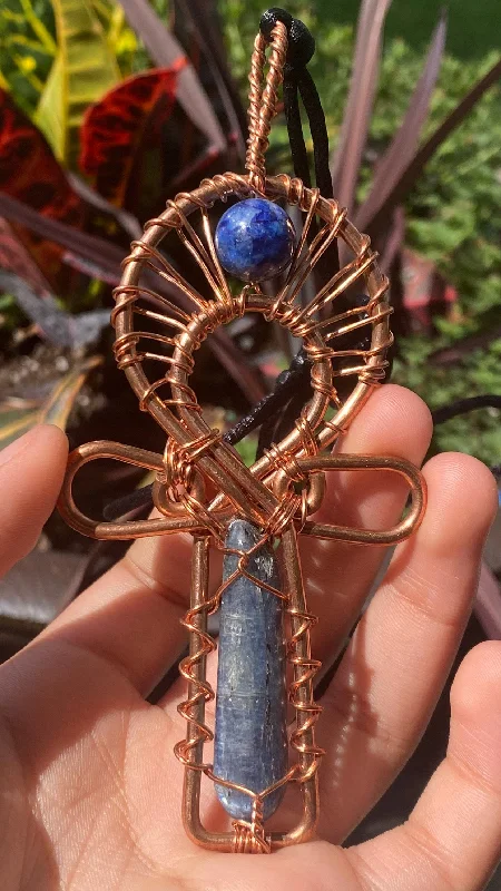 ladies-crystal-diamond-necklaces-Blue Kyanite and Lapis Lazuli Copper Egyptian Kemetic Coptic Cross  Ankh Wirewrapped Wearable Pendant Necklace