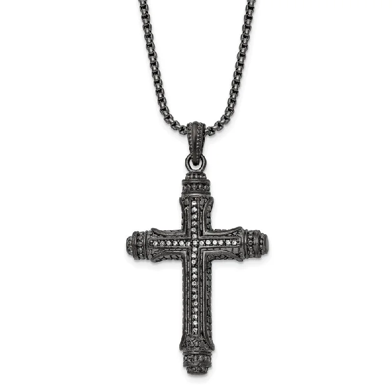 ladies-ethnic-multi-strand-necklaces-Gunmetal Plated Stainless Steel CZ Large Pillar Cross Necklace, 24 In