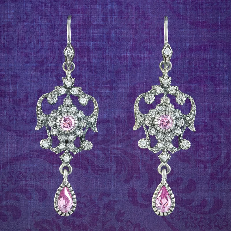 Ladies earrings for cocktail elegance -Edwardian Style Pink Cubic Zirconia Drop Earrings Silver