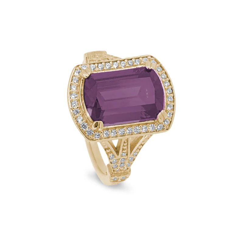 Ladies rings for expo charm -Gold Finish Sterling Silver Micropave Emerald Cut Pink Stone Ring with Simulated Diamongs