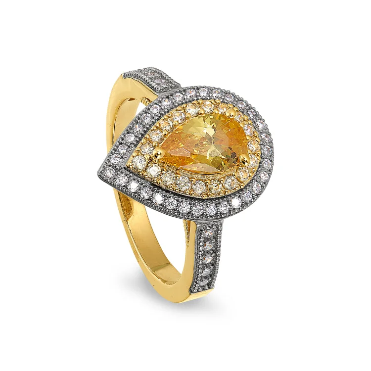 Ladies rings for class elegance -Gold and Platinum Finish Sterling Silver Micropave Pear Shaped Ring with a Canary Colored Stone and Simulated Diamonds